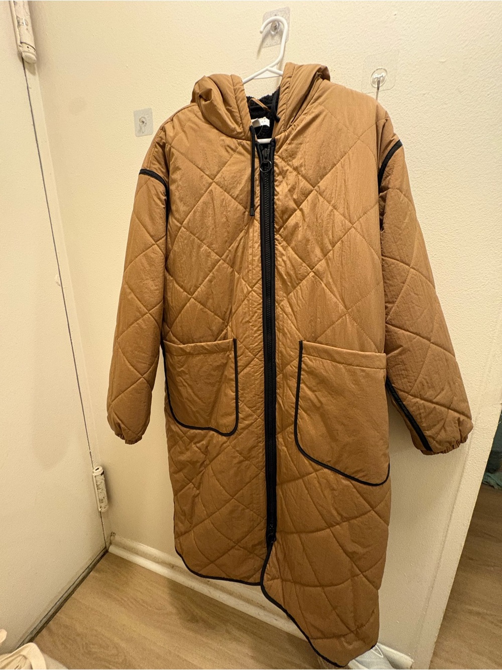 Topshop Quilted Hooded Puffer Coat in Camel Brown with Black Trim